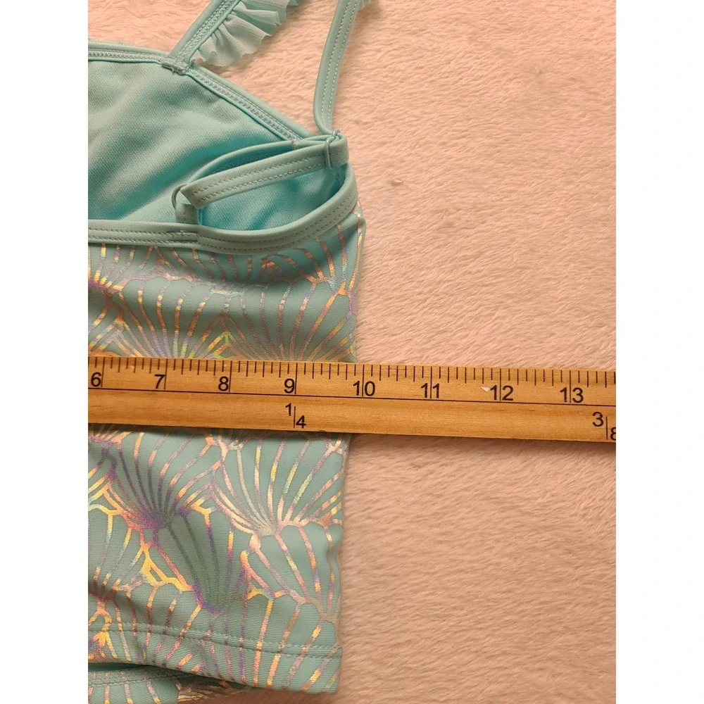 Cat & Jack Girls Aqua Blue Iridescent Seashell Ruffle Tankini Swim Top XS 4/5
